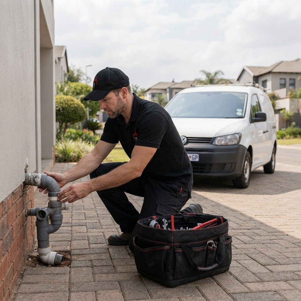 Professional plumbing technician performing regional service coverage inspections for a home in Sandton.