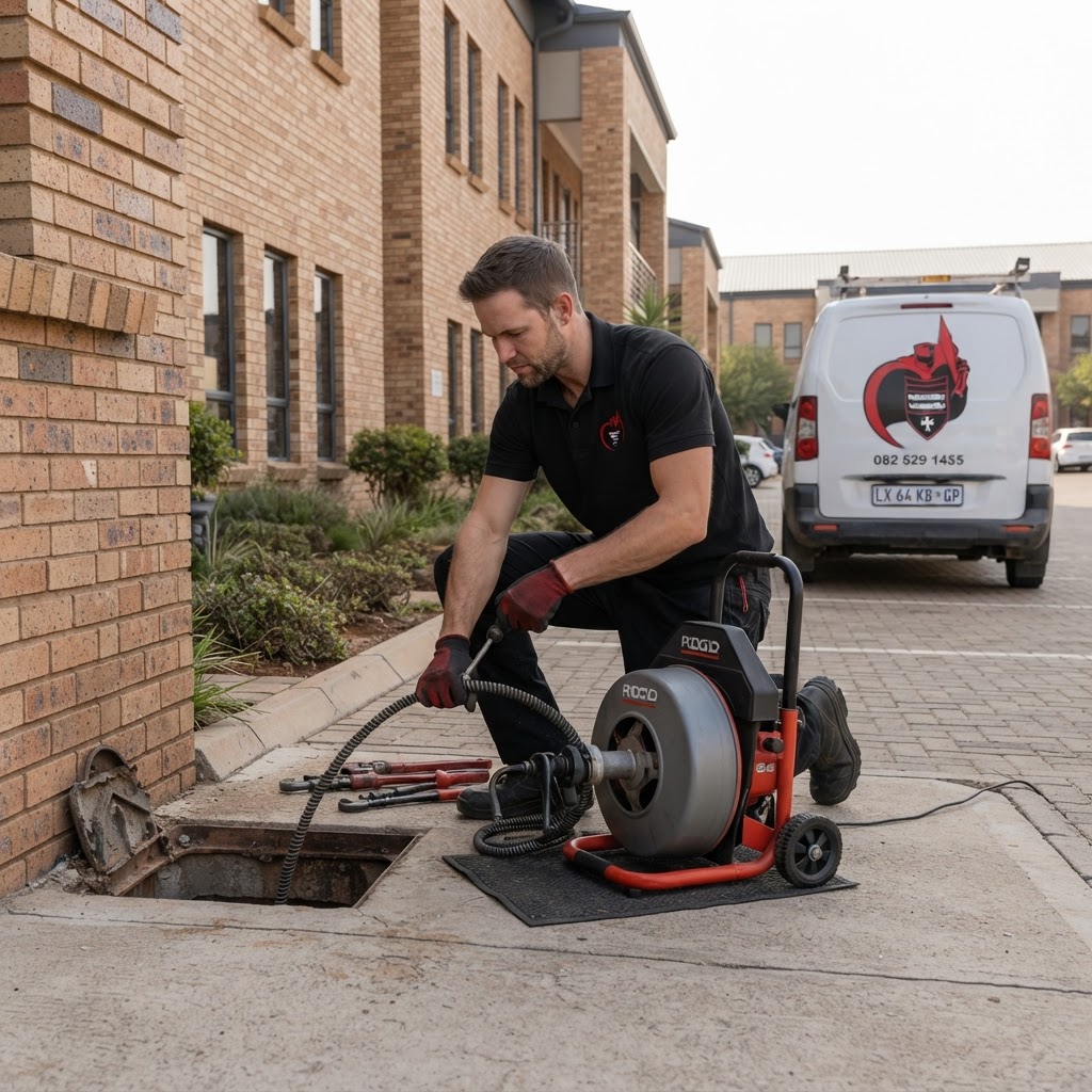 Professional sewer line repair services being performed by a technician at a commercial property in the West Rand.