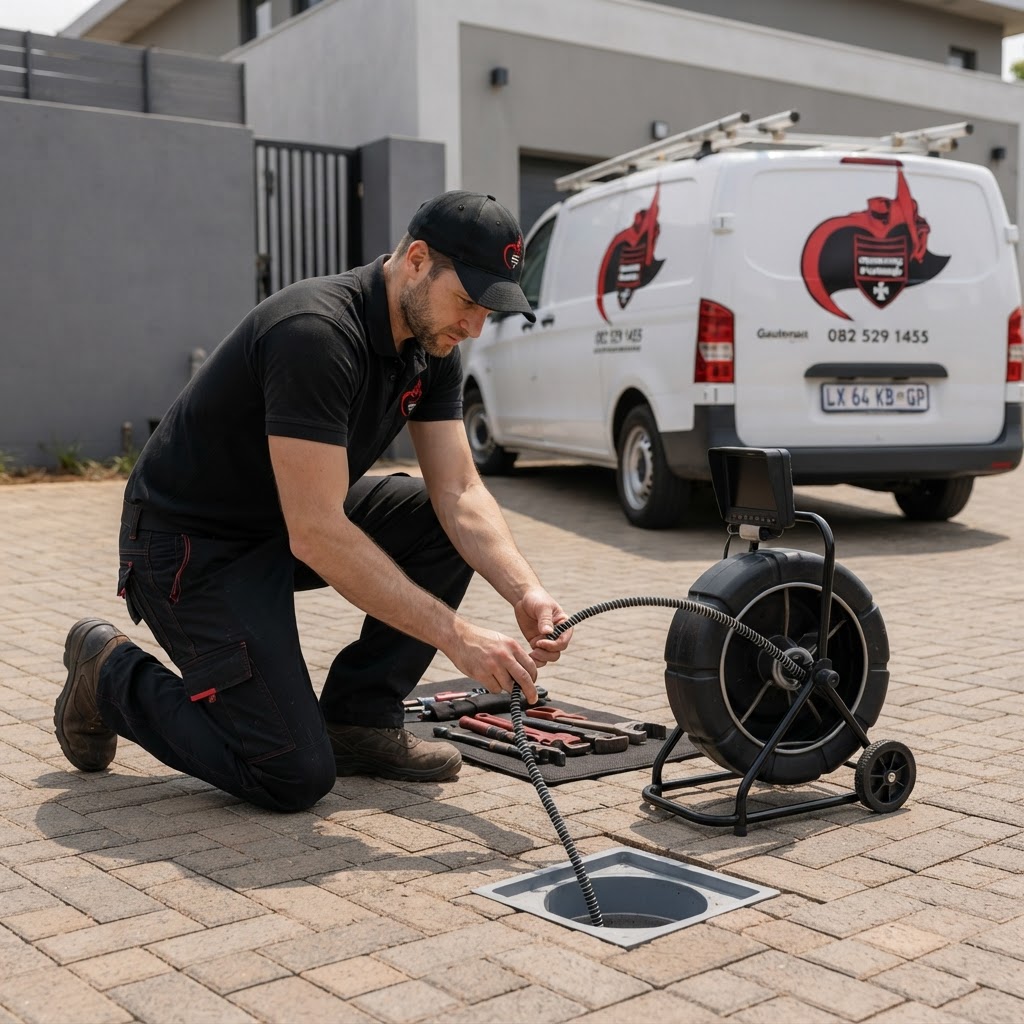 Professional plumber inspecting an exterior drain at a residence in Sandton to ensure high-quality service.