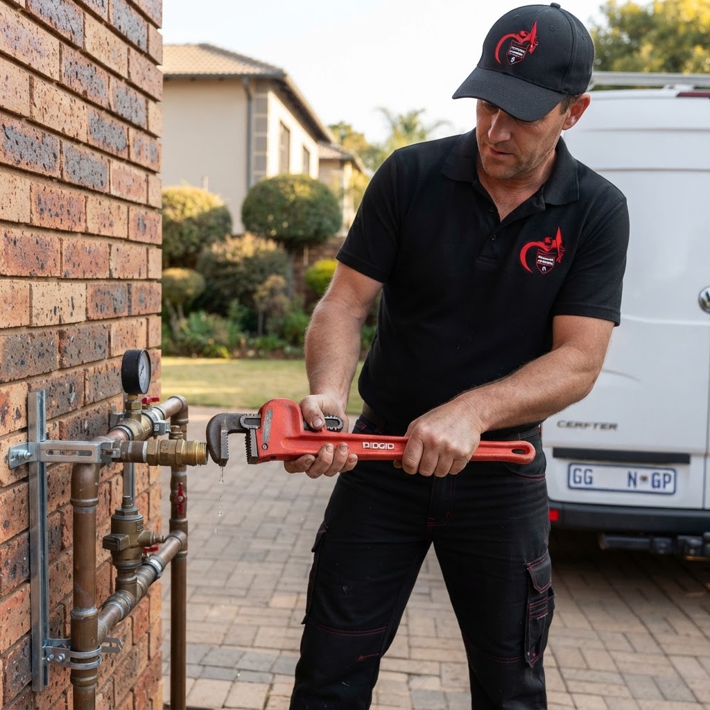 Professional plumber performing emergency pipe repairs at a residential home in Sandton.
