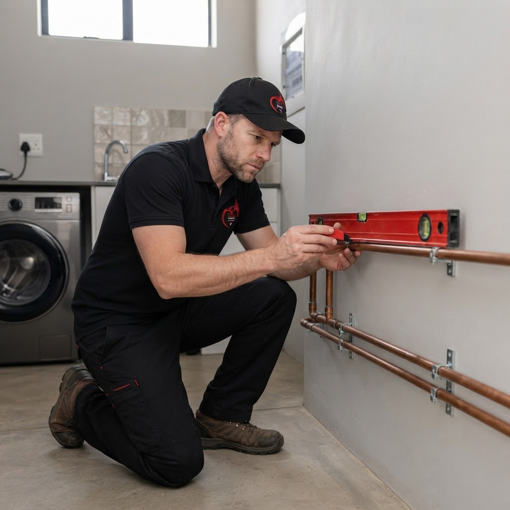 Professional technician verifying SANS compliance for residential plumbing installations in a Sandton home.