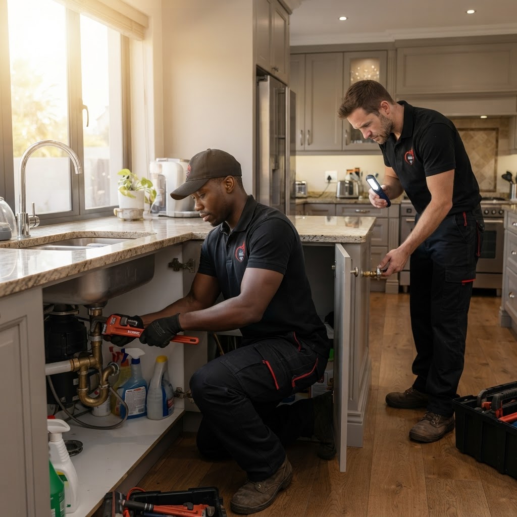 Professional plumbers performing a technical residential pipe repair service in a Sandton home kitchen.