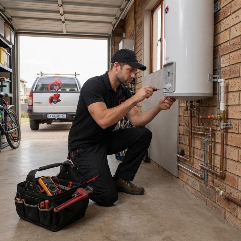 Professional male plumber performing a geyser repair at a residential property in Fourways.