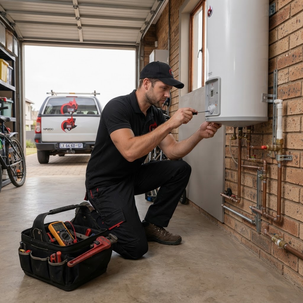 Professional male plumber performing a geyser repair at a residential property in Fourways.