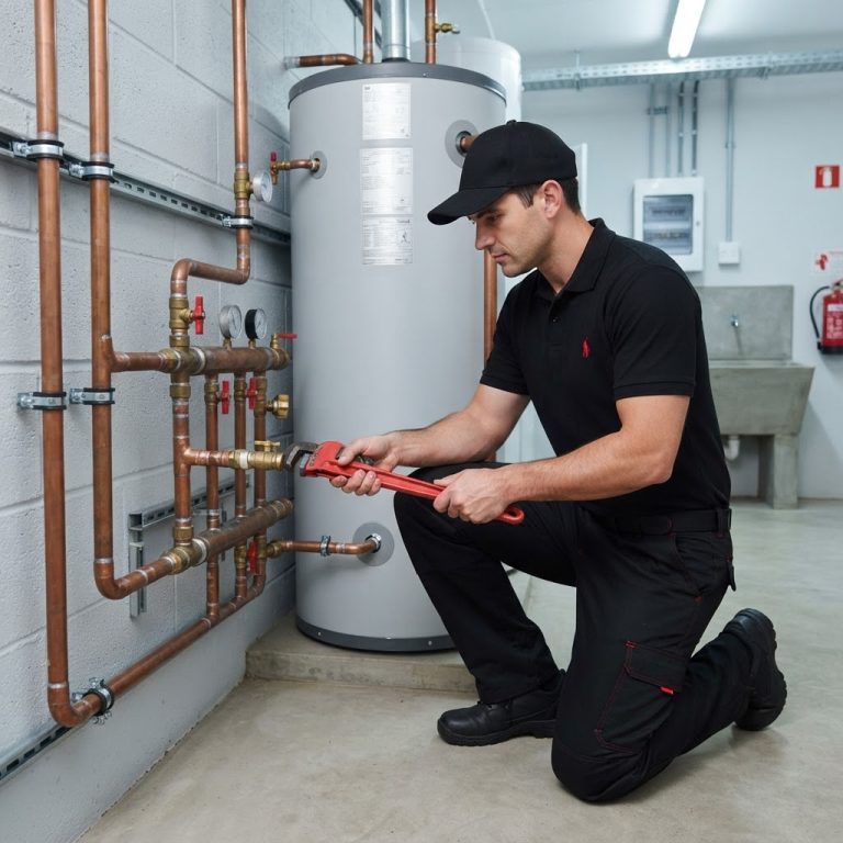 Professional commercial plumbing maintenance being performed by our team in a Rivonia office park.