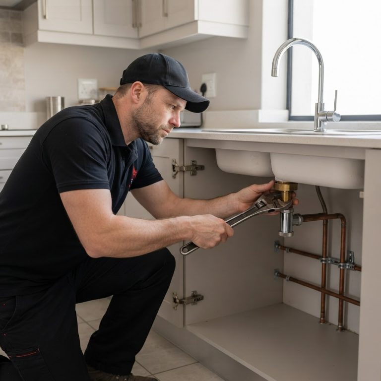 Professional plumber inspecting kitchen fixtures for hard water damage in a Bryanston home.