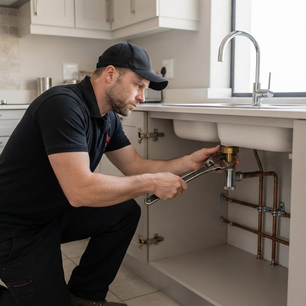 Professional plumber inspecting kitchen fixtures for hard water damage in a Bryanston home.