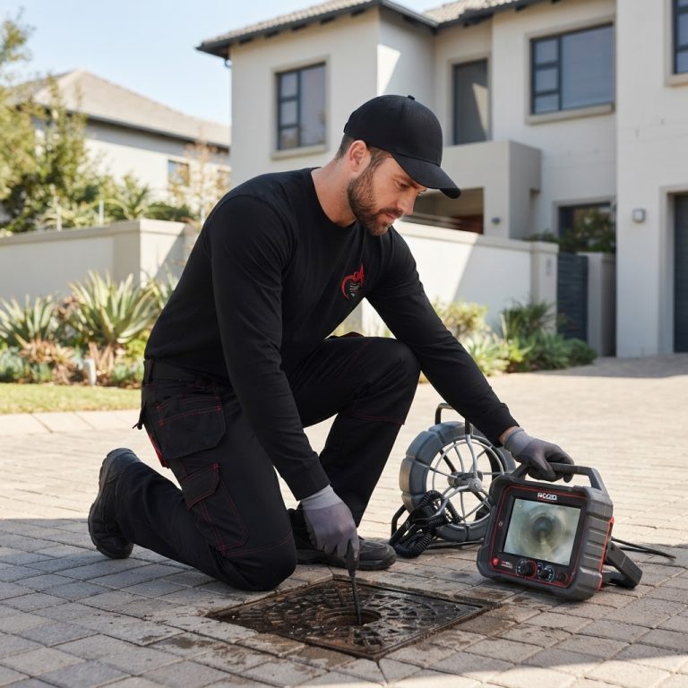 Professional plumber performing a drain camera inspection at a residential property in Sandton.