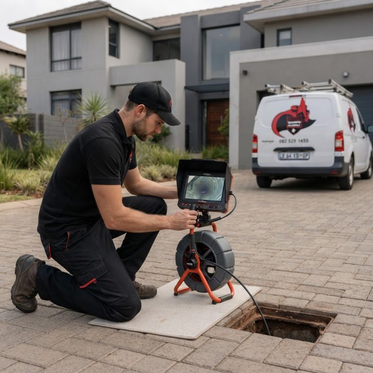 Professional plumber performing a drain camera inspection at a home in Sandton using industry-standard equipment.